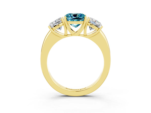 Yellow gold Cushion Cut Blue Topaz Three-Stone Ring with Four-Prong Setting and Classic Band