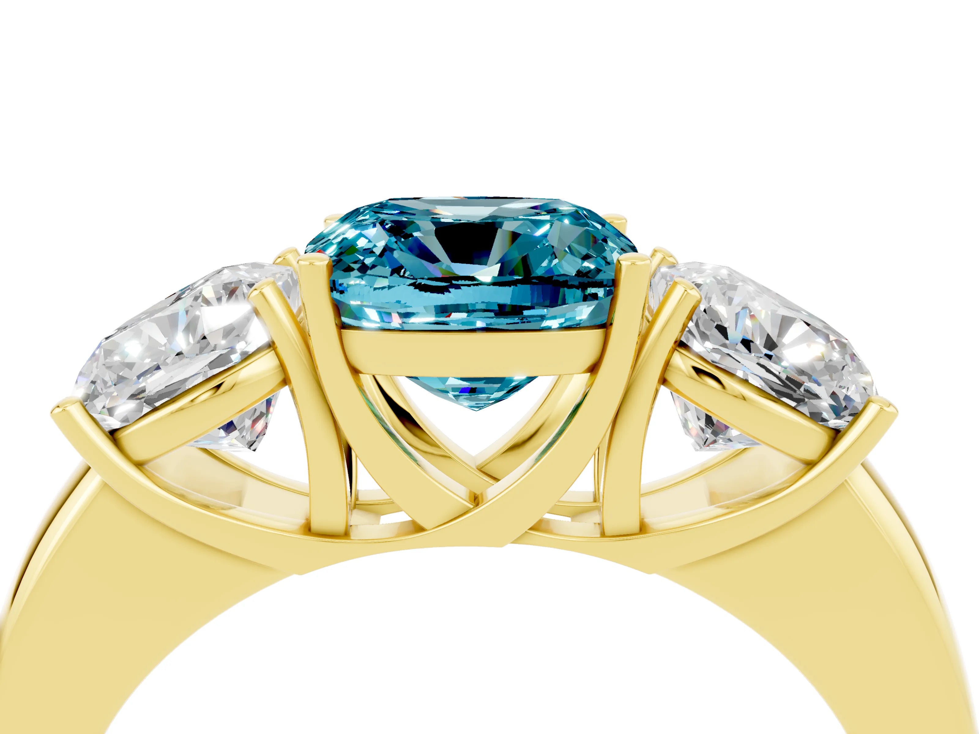 Yellow gold Cushion Cut Blue Topaz Three-Stone Ring with Four-Prong Setting and Classic Band_4