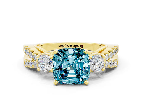 Yellow gold Cushion Cut Blue Topaz Three-Stone Ring with Pavé Split Shank and Four-Prong Setting_24