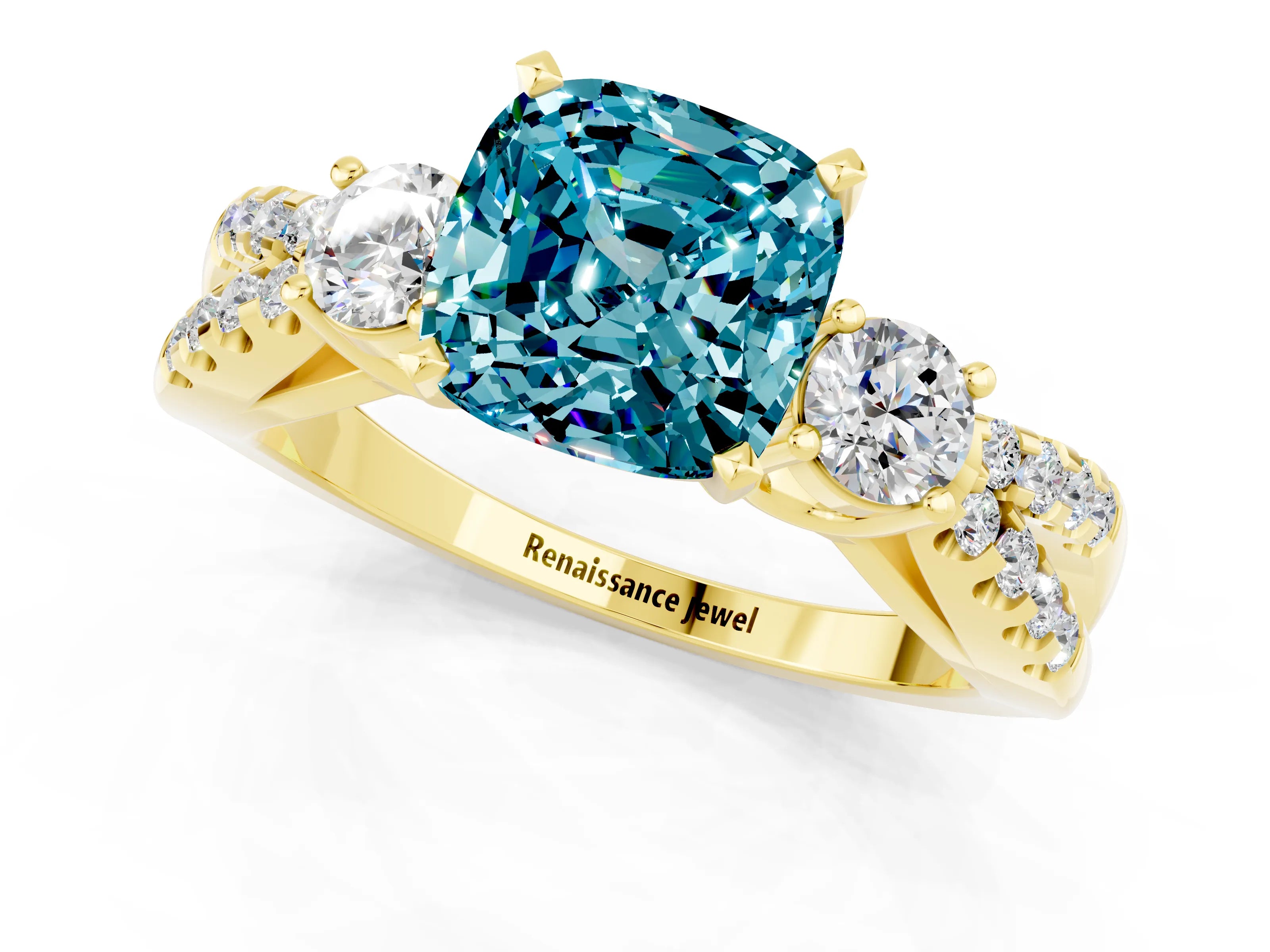 Yellow gold Cushion Cut Blue Topaz Three-Stone Ring with Pavé Split Shank and Four-Prong Setting_25