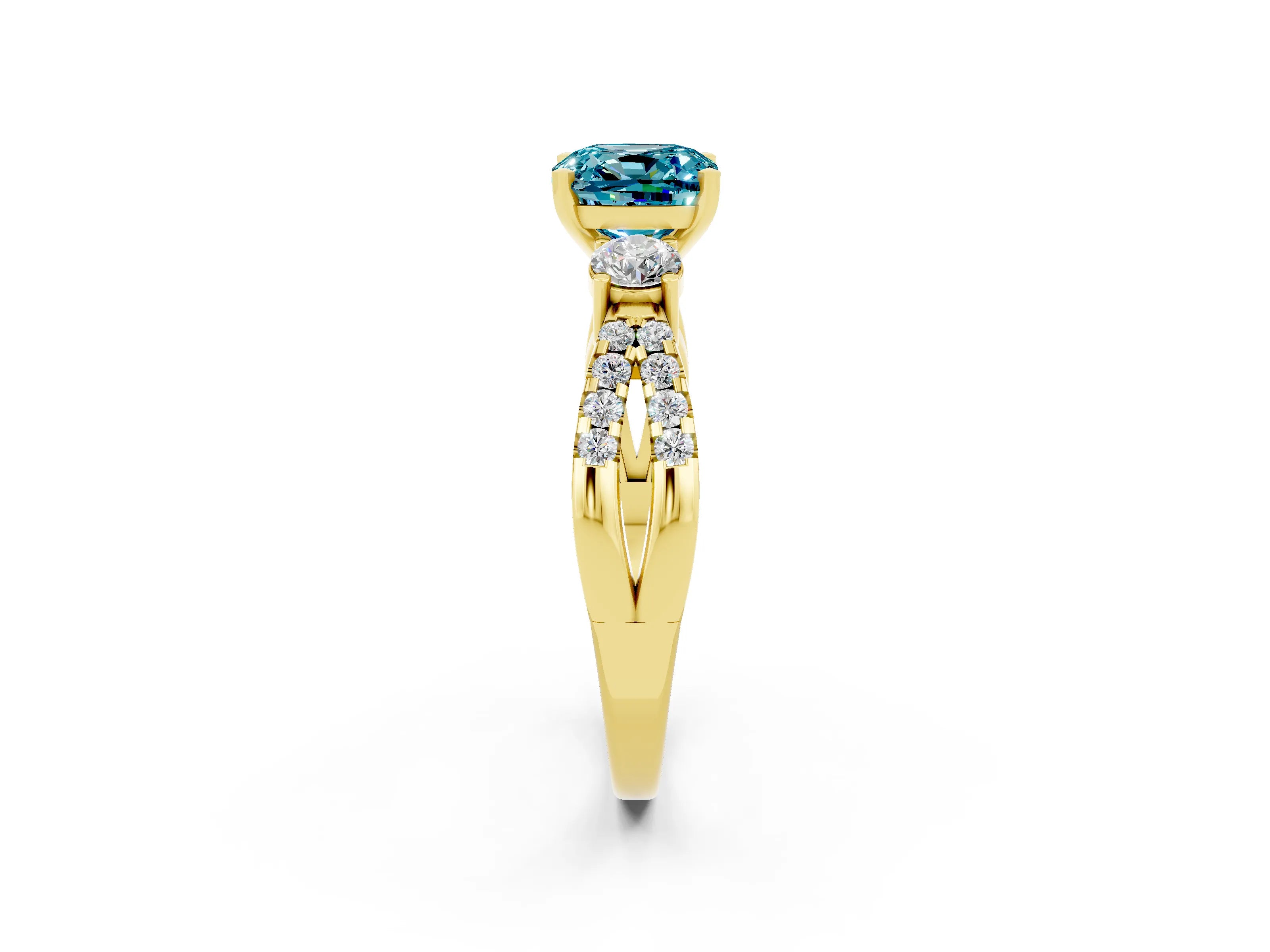 Yellow gold Cushion Cut Blue Topaz Three-Stone Ring with Pavé Split Shank and Four-Prong Setting_26