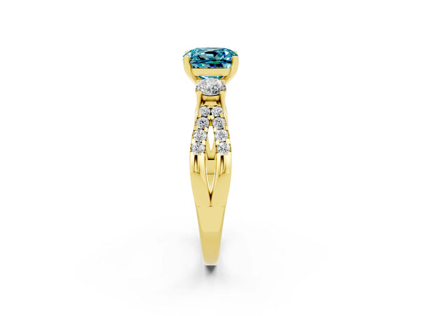 Yellow gold Cushion Cut Blue Topaz Three-Stone Ring with Pavé Split Shank and Four-Prong Setting