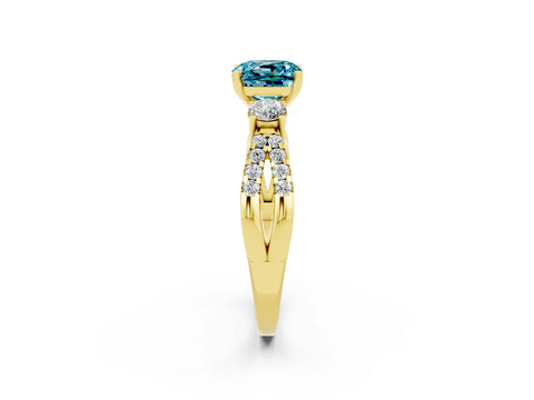 Yellow gold Cushion Cut Blue Topaz Three-Stone Ring with Pavé Split Shank and Four-Prong Setting_26