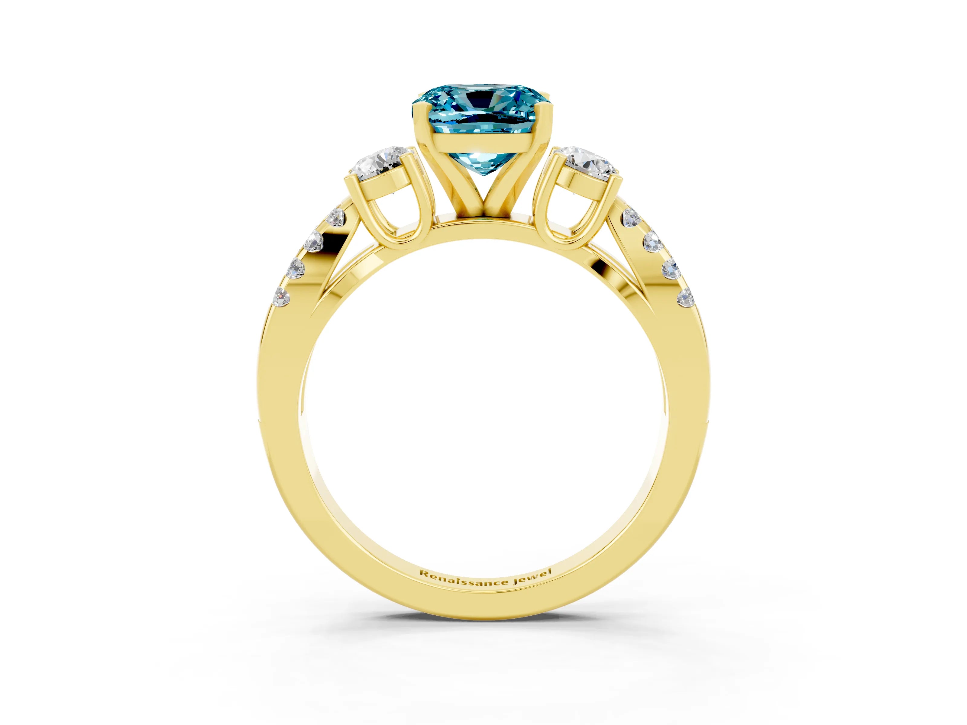 Yellow gold Cushion Cut Blue Topaz Three-Stone Ring with Pavé Split Shank and Four-Prong Setting_27