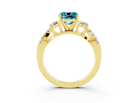 Yellow gold Cushion Cut Blue Topaz Three-Stone Ring with Pavé Split Shank and Four-Prong Setting_27
