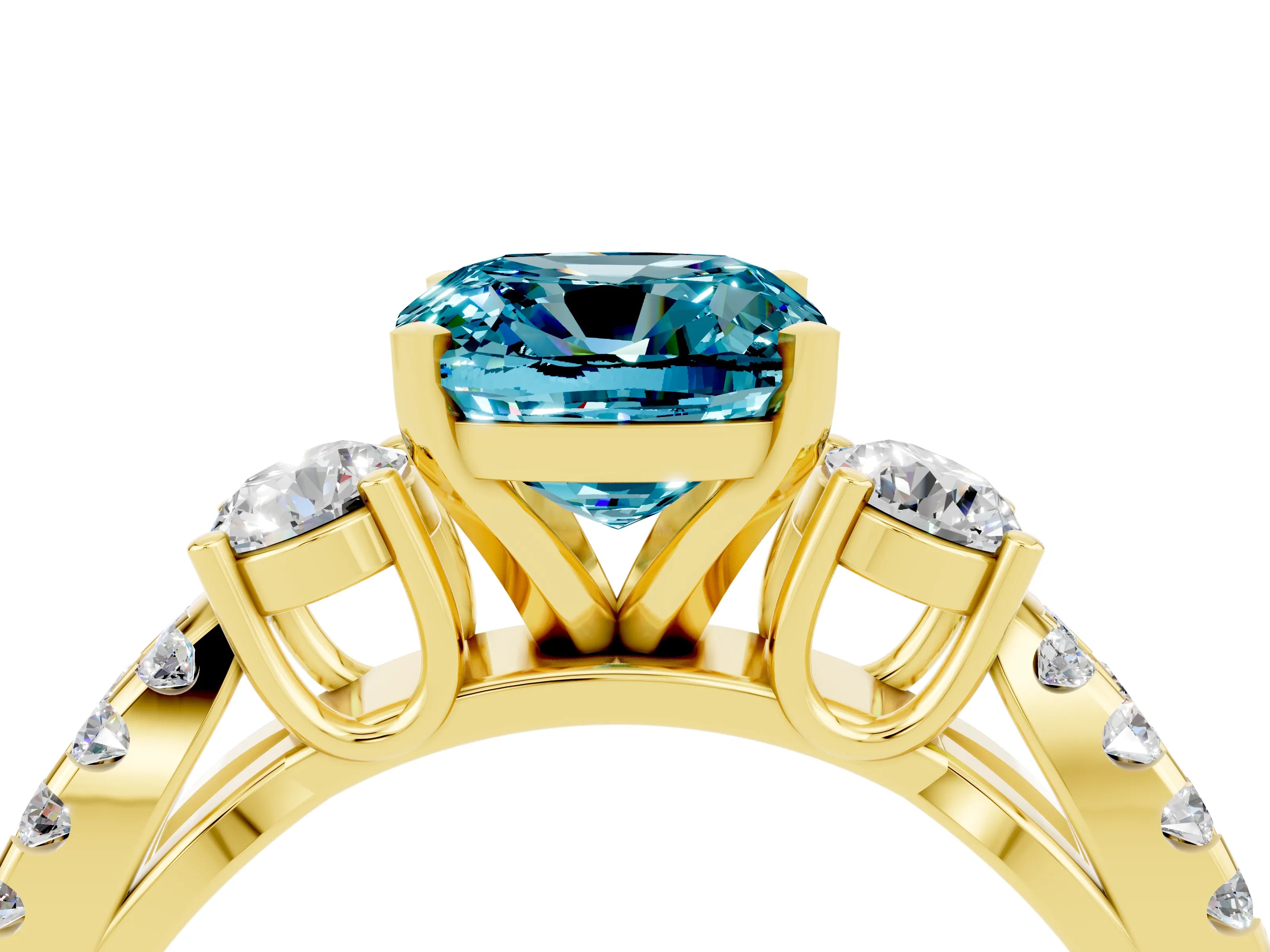 Yellow gold Cushion Cut Blue Topaz Three-Stone Ring with Pavé Split Shank and Four-Prong Setting_28