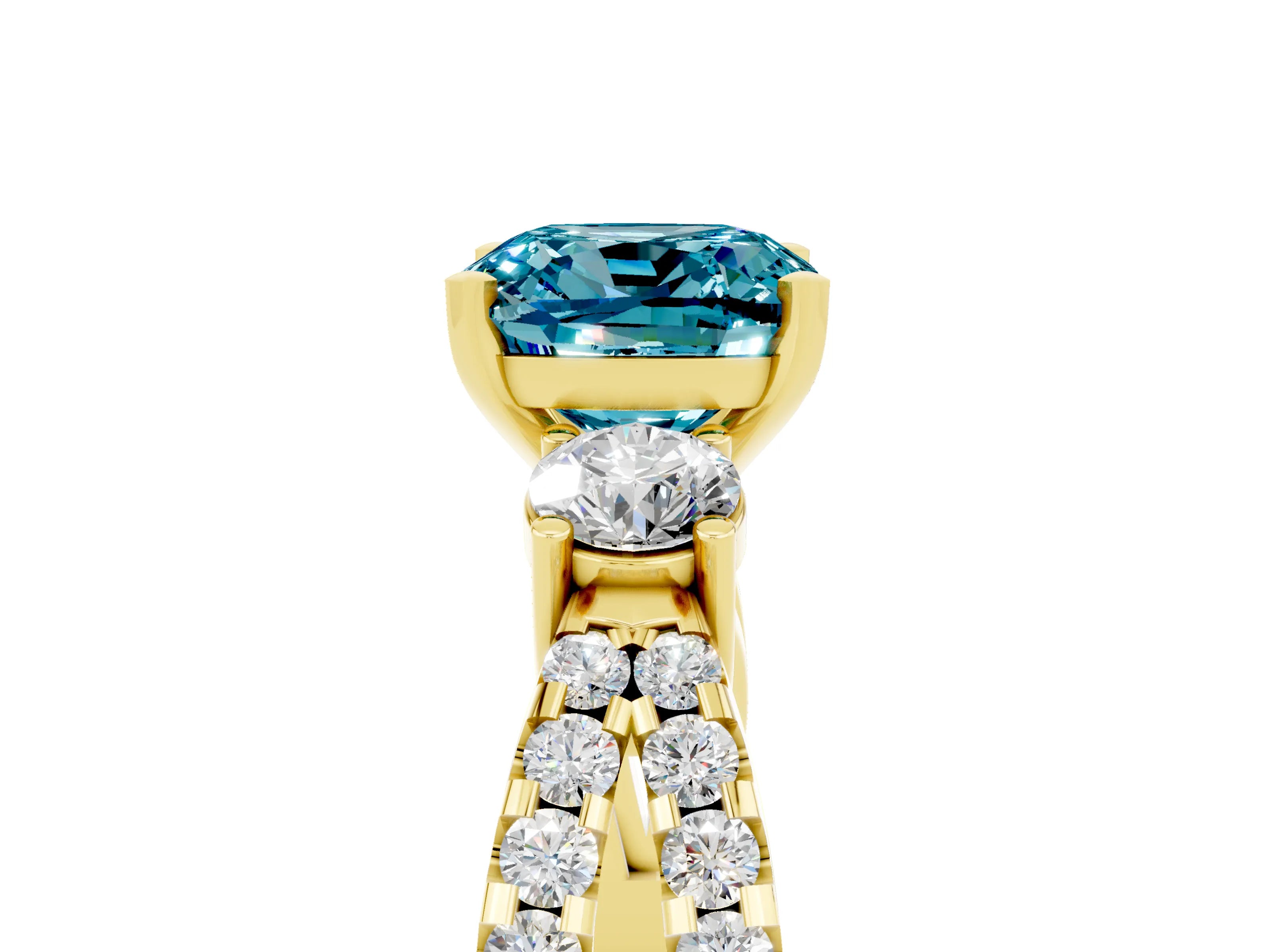 Yellow gold Cushion Cut Blue Topaz Three-Stone Ring with Pavé Split Shank and Four-Prong Setting_29