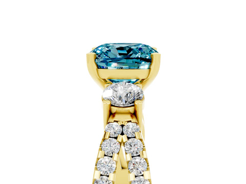 Yellow gold Cushion Cut Blue Topaz Three-Stone Ring with Pavé Split Shank and Four-Prong Setting_29