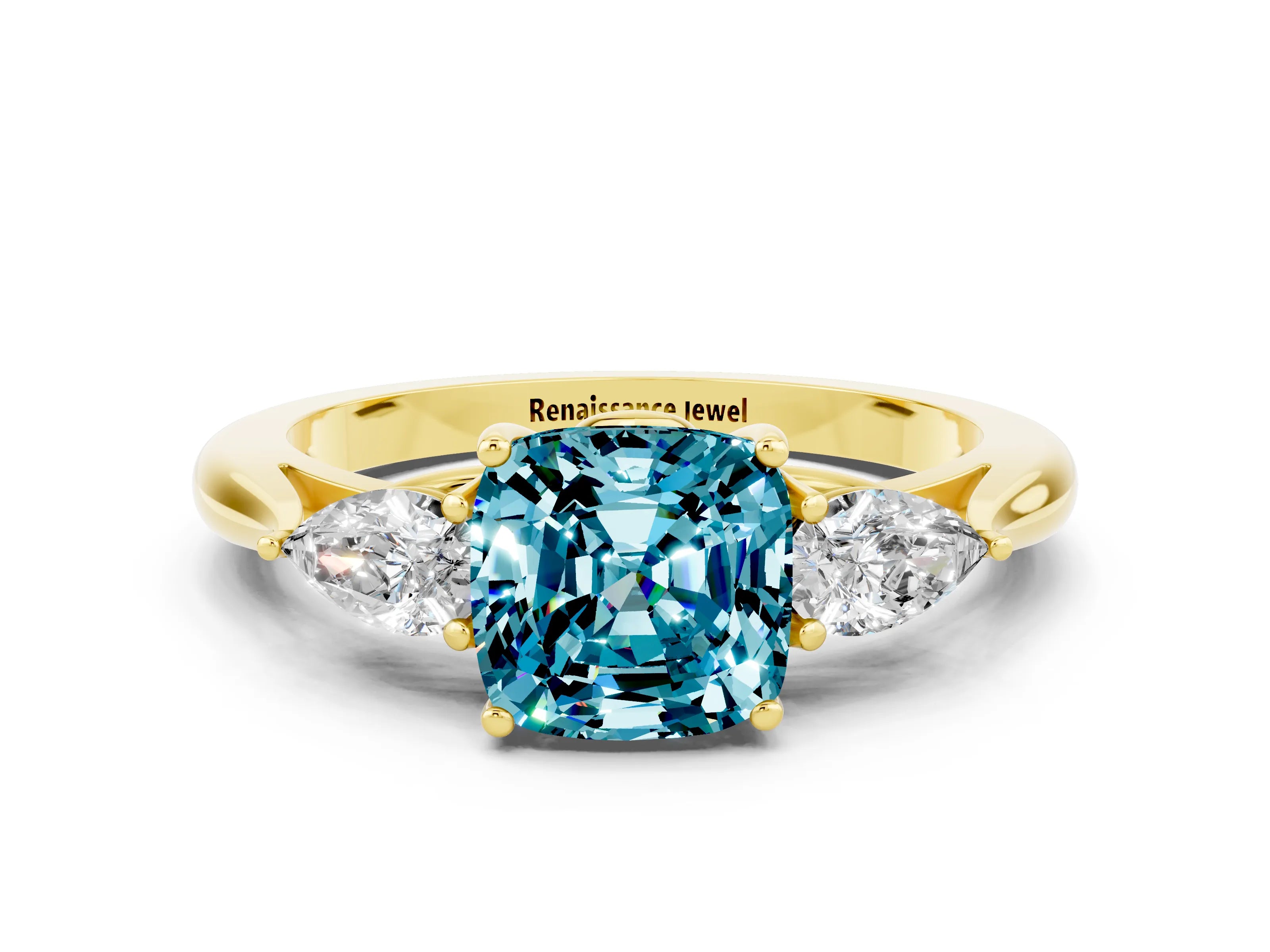 Yellow gold Cushion Cut Blue Topaz Three-Stone Ring with Pear Side Stones and Four-Prong Setting_12