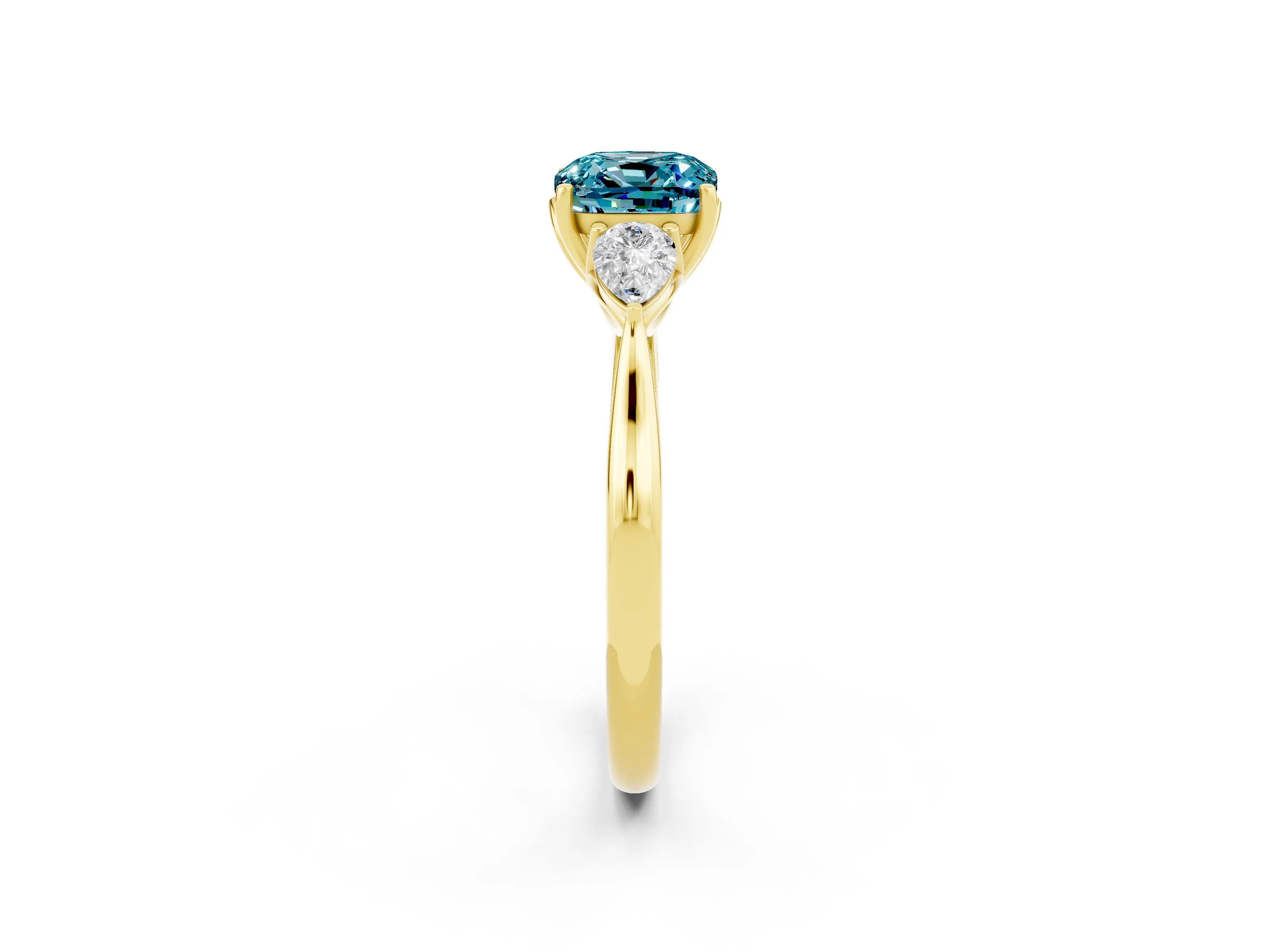 Yellow gold Cushion Cut Blue Topaz Three-Stone Ring with Pear Side Stones and Four-Prong Setting_14