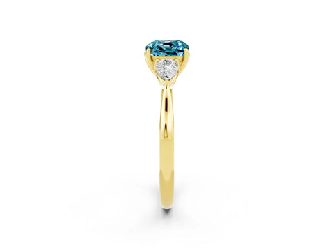 Yellow gold Cushion Cut Blue Topaz Three-Stone Ring with Pear Side Stones and Four-Prong Setting_14