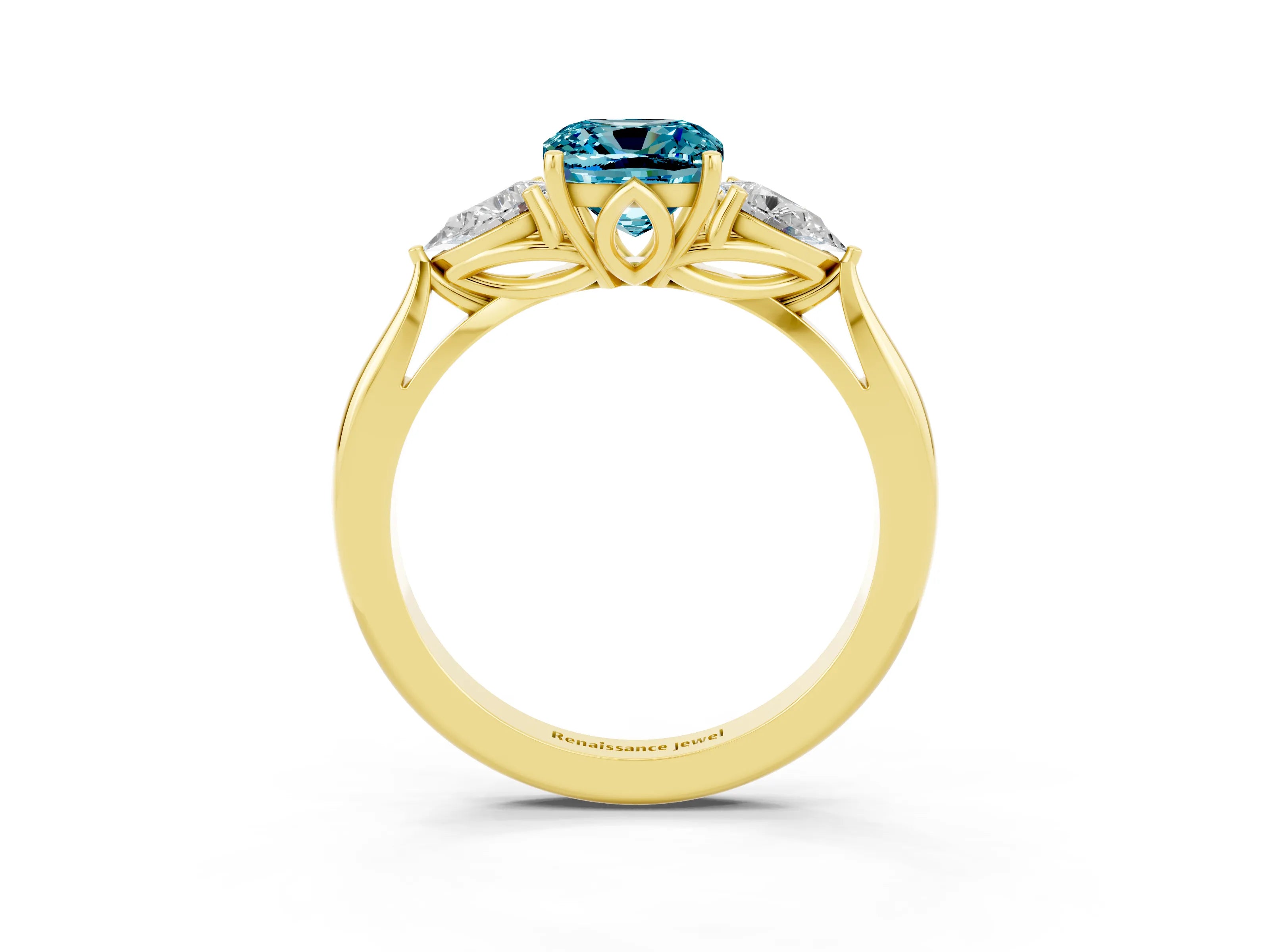 Yellow gold Cushion Cut Blue Topaz Three-Stone Ring with Pear Side Stones and Four-Prong Setting_15