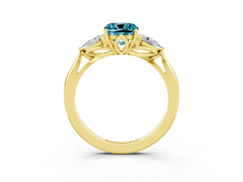 Yellow gold Cushion Cut Blue Topaz Three-Stone Ring with Pear Side Stones and Four-Prong Setting_15