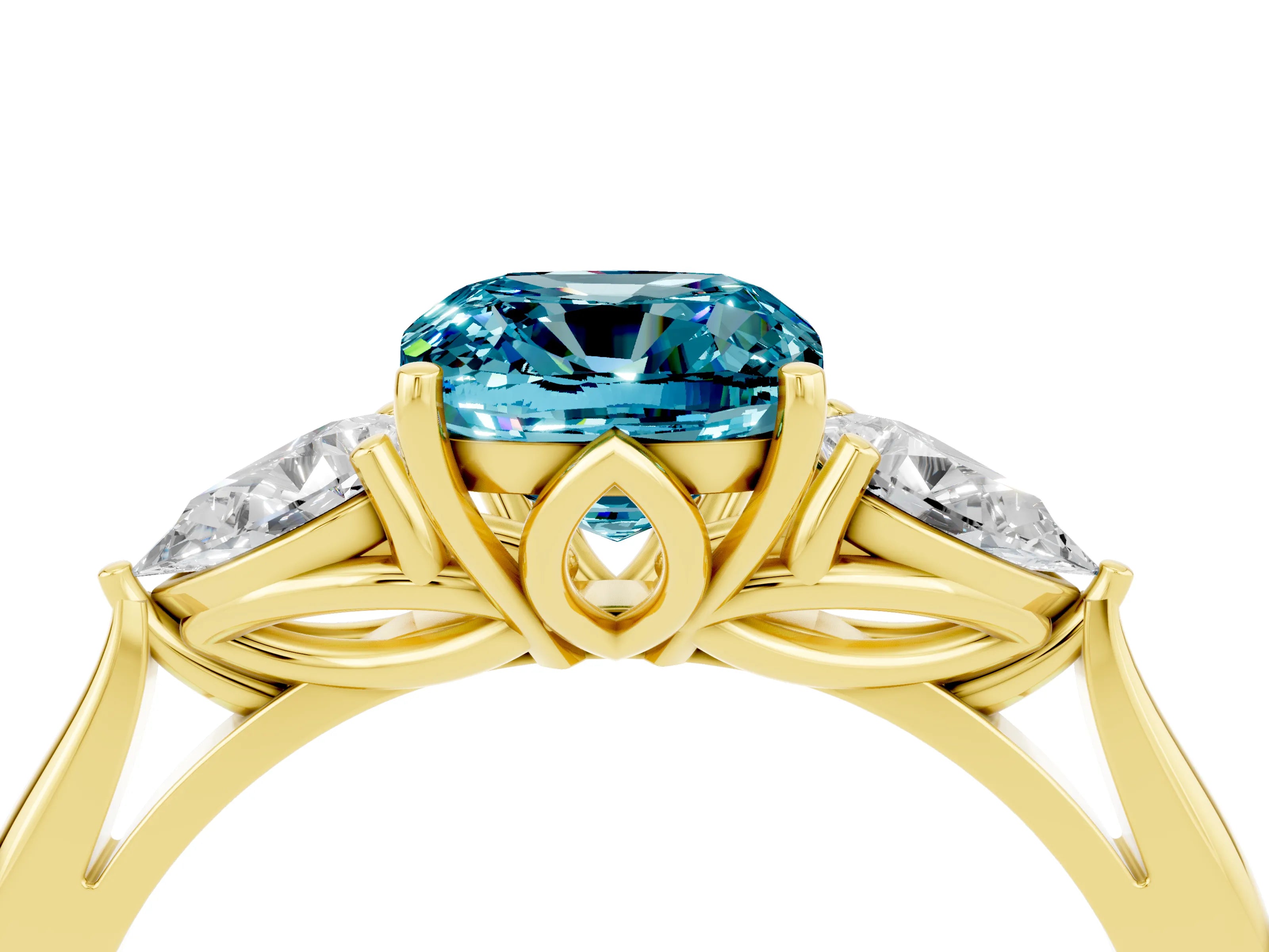 Yellow gold Cushion Cut Blue Topaz Three-Stone Ring with Pear Side Stones and Four-Prong Setting_16