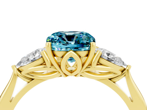 Yellow gold Cushion Cut Blue Topaz Three-Stone Ring with Pear Side Stones and Four-Prong Setting_16