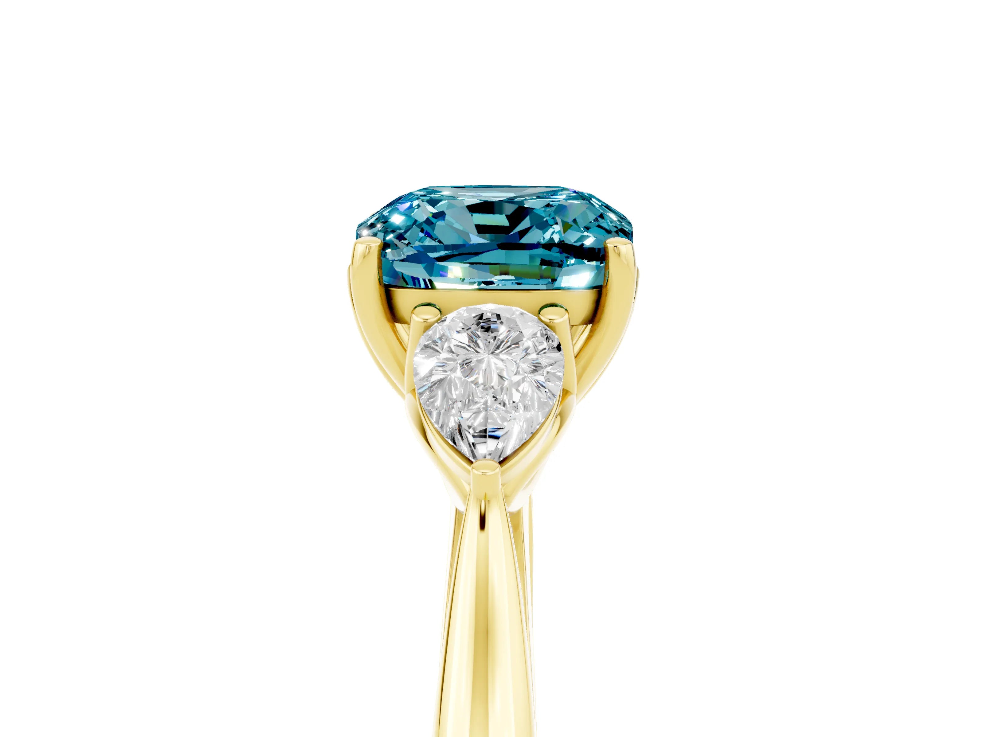 Yellow gold Cushion Cut Blue Topaz Three-Stone Ring with Pear Side Stones and Four-Prong Setting_17