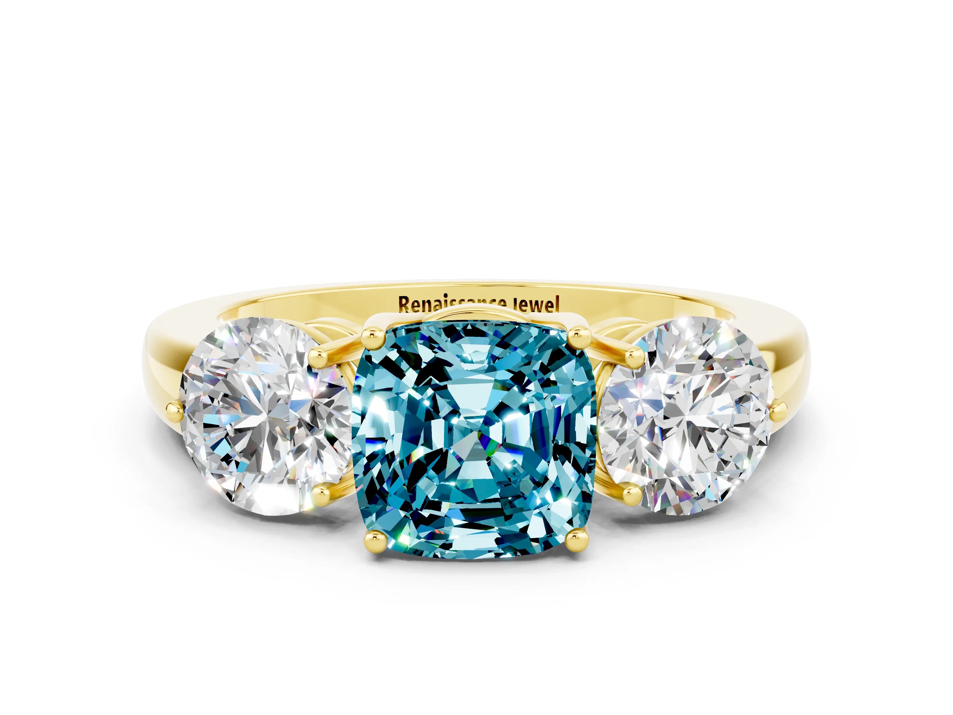 Yellow gold Cushion Cut Blue Topaz Three-Stone Ring with Prong Setting and Classic Band