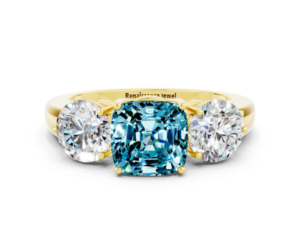 Yellow gold Cushion Cut Blue Topaz Three-Stone Ring with Prong Setting and Classic Band