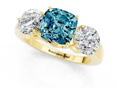Yellow gold Cushion Cut Blue Topaz Three-Stone Ring with Prong Setting and Classic Band_1