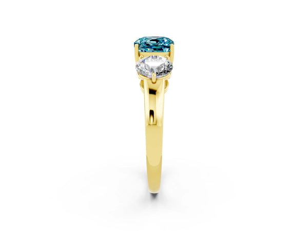 Yellow gold Cushion Cut Blue Topaz Three-Stone Ring with Prong Setting and Classic Band