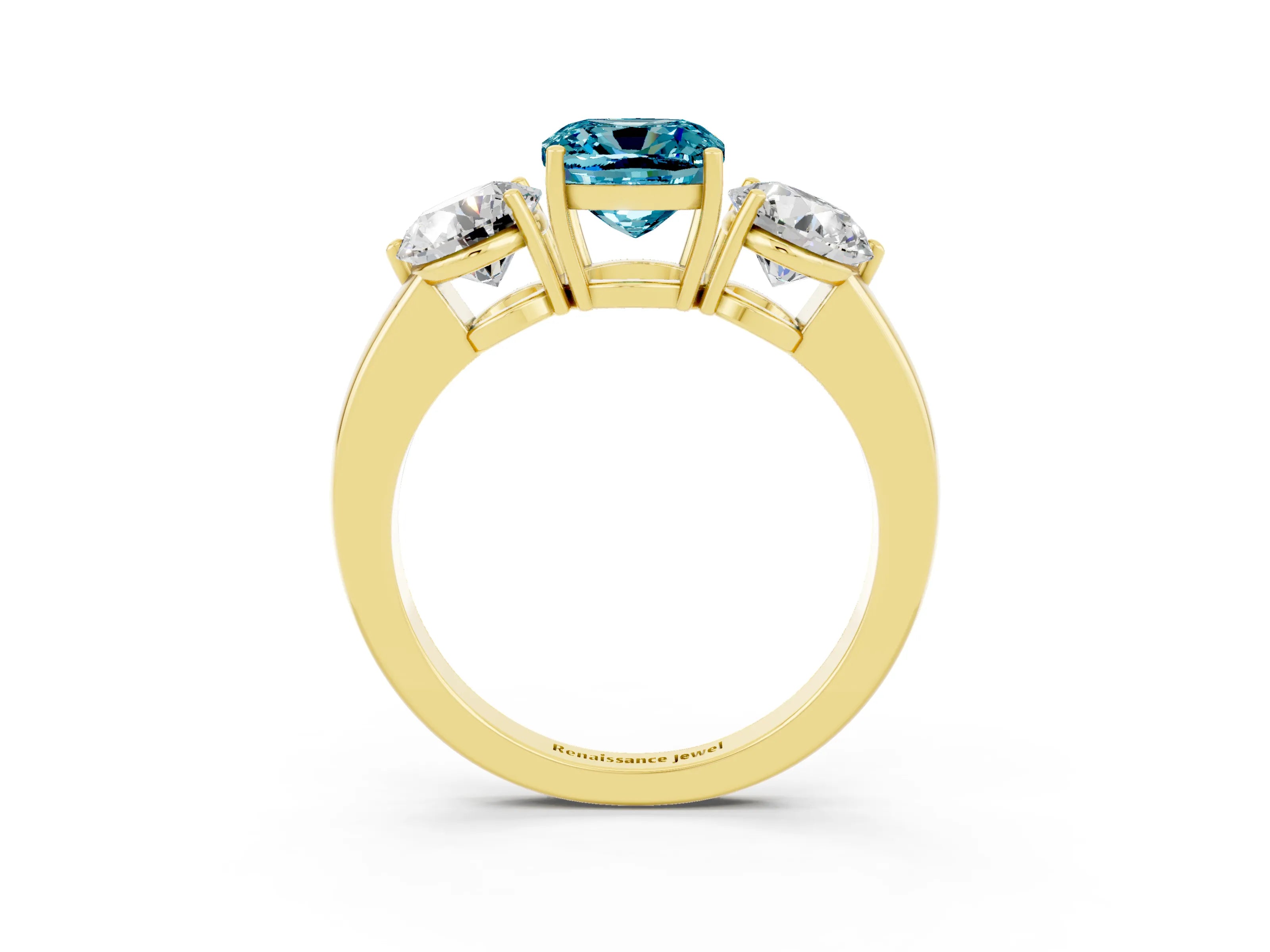 Yellow gold Cushion Cut Blue Topaz Three-Stone Ring with Prong Setting and Classic Band_3