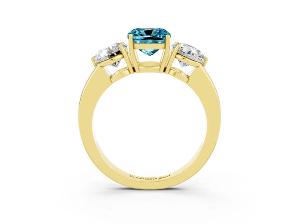 Yellow gold Cushion Cut Blue Topaz Three-Stone Ring with Prong Setting and Classic Band
