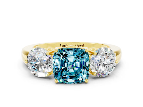 Yellow gold Cushion Cut Blue Topaz Three-Stone Ring with Prong Setting and Classic Band