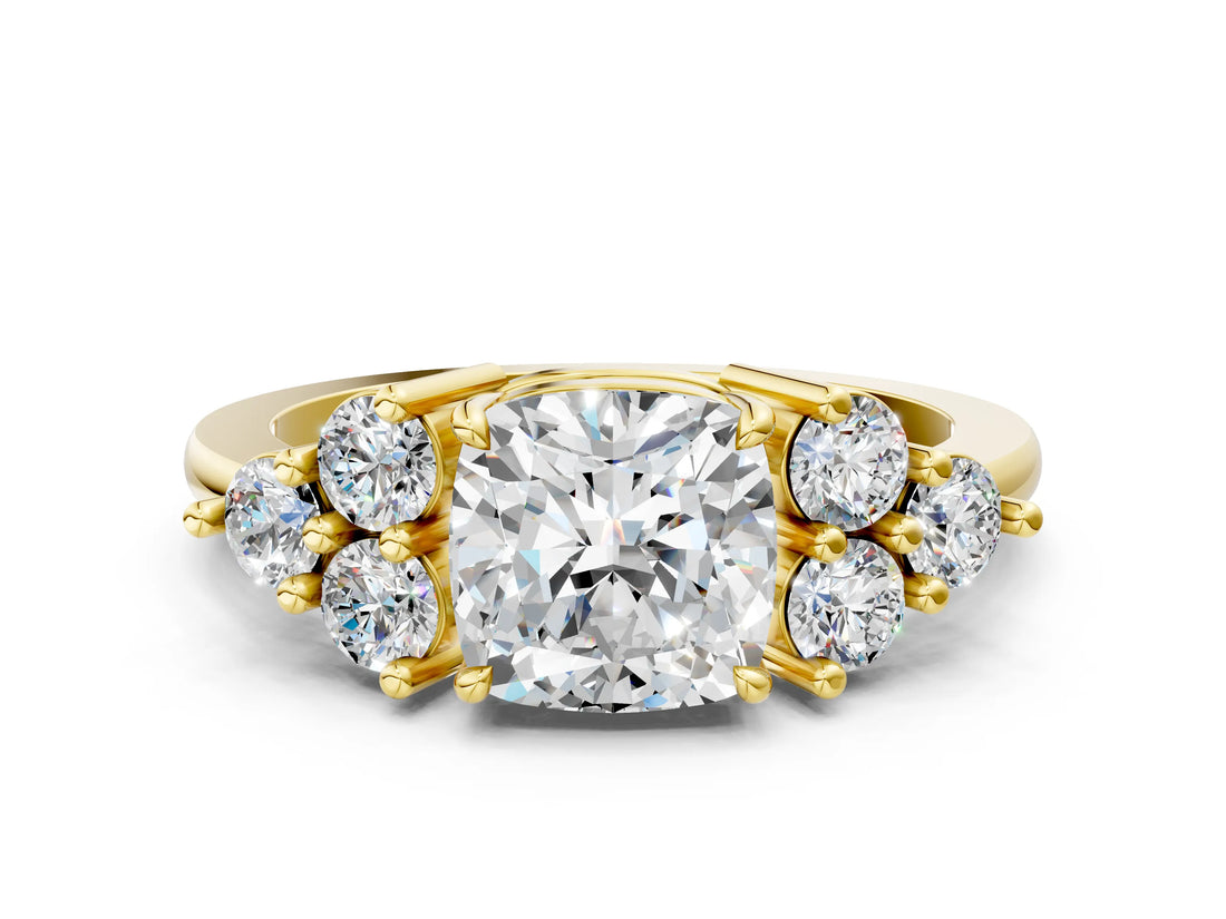 Yellow gold Cushion Cut Brilliant Diamond Cluster Accent Solitaire Ring with Prong Setting_15