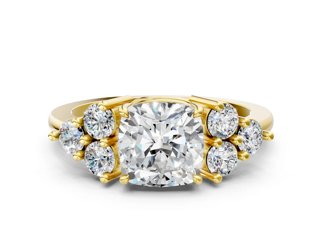 Yellow gold Cushion Cut Brilliant Diamond Cluster Accent Solitaire Ring with Prong Setting_3