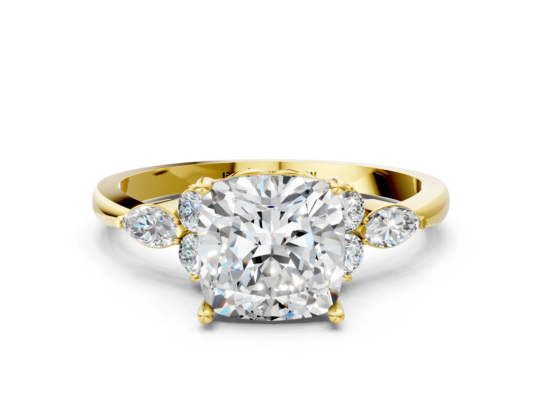 Yellow gold Cushion Cut Brilliant Diamond Solitaire Ring with Pear Side Stones and Four-Prong Setting_3