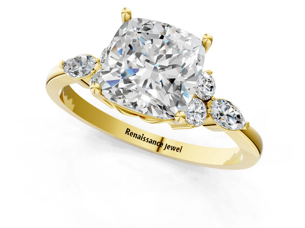Yellow Gold Cushion Cut Engagement Ring Setting with Fanned Marquise and Round Side Accents