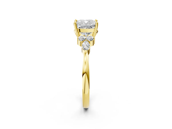 Yellow Gold Cushion Cut Engagement Ring Setting with Fanned Marquise and Round Side Accents