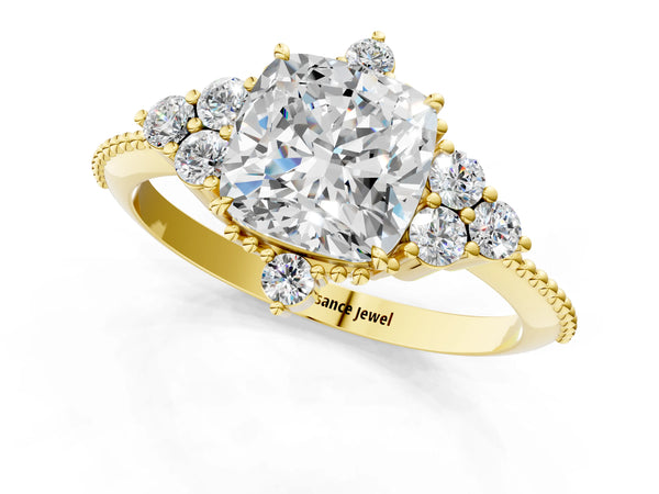 Yellow Gold Cushion Cut Vintage Cluster Engagement Ring Setting with Beaded Band