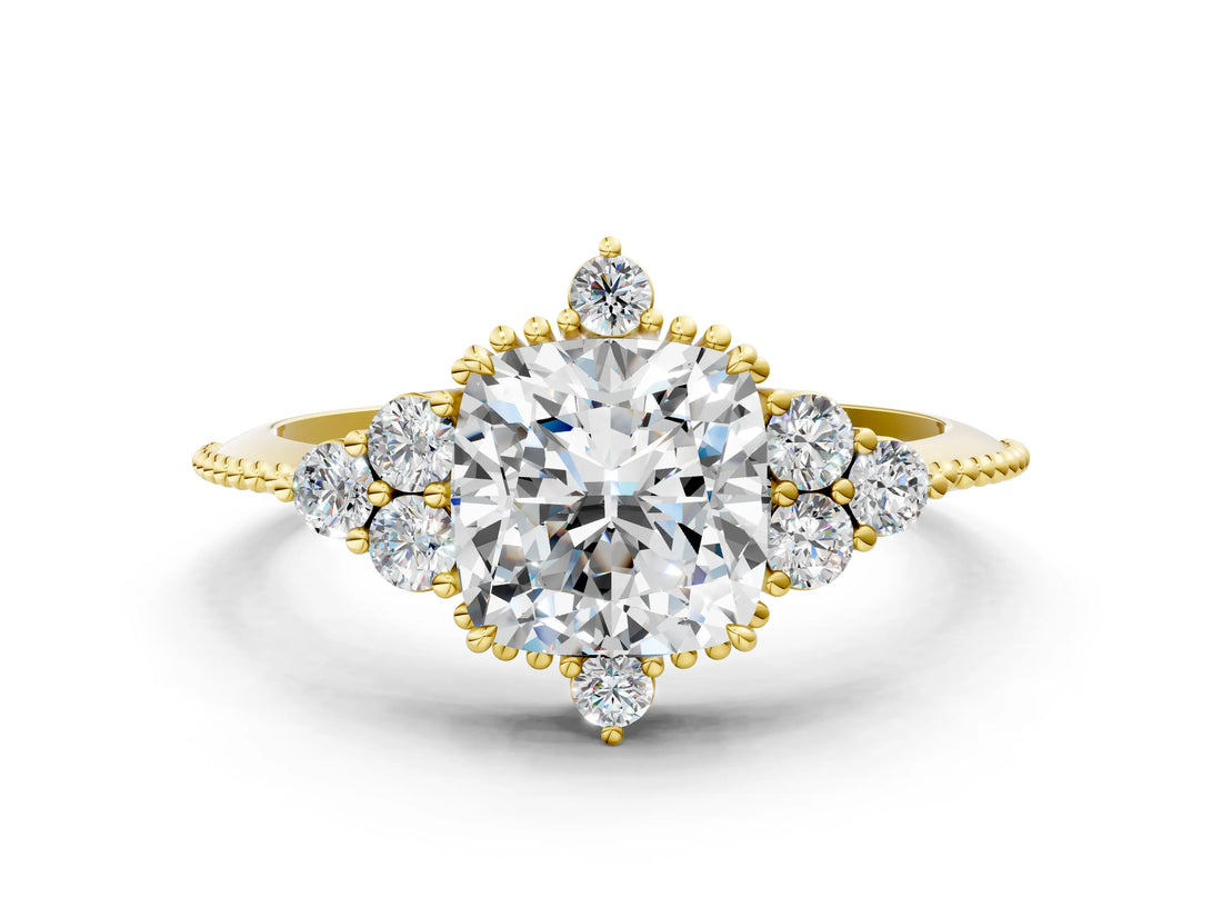 Yellow gold Cushion Cut Brilliant Diamond with Cluster Setting on a Beaded Band and Four-Prong Setting_3