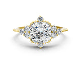 Yellow gold Cushion Cut Brilliant Diamond with Cluster Setting on a Beaded Band and Four-Prong Setting_3