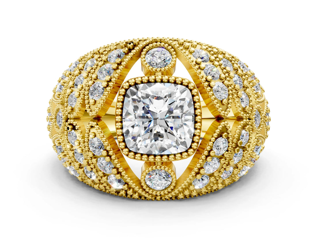 Yellow gold Cushion Cut Brilliant Halo Pave Diamond Milgrain Ring_13