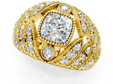 Yellow gold Cushion Cut Brilliant Halo Pave Diamond Milgrain Ring_14