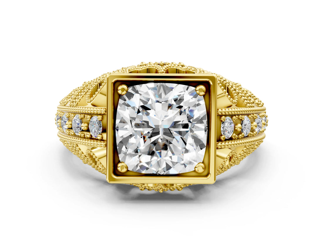 Yellow gold Cushion Cut Brilliant Milgrain Filigree Diamond Ring with Square Prong Setting_27
