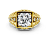 Yellow gold Cushion Cut Brilliant Milgrain Filigree Diamond Ring with Square Prong Setting_27