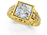 Yellow gold Cushion Cut Brilliant Milgrain Filigree Diamond Ring with Square Prong Setting_28