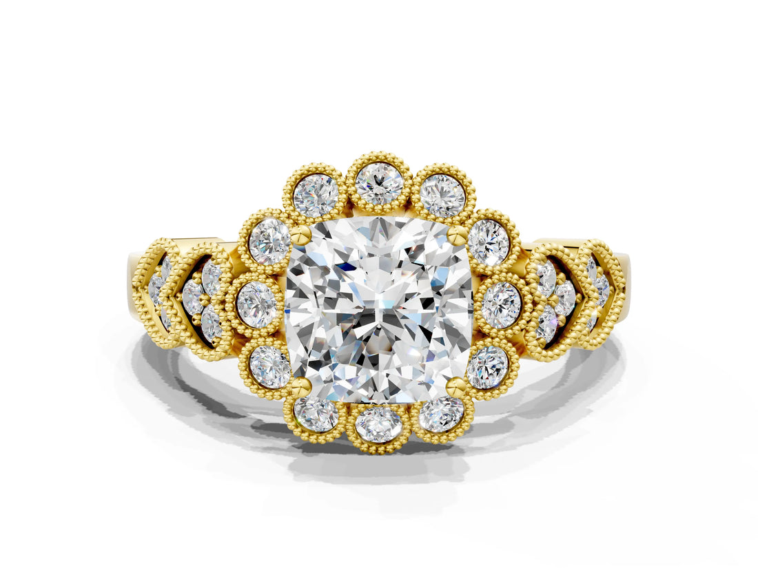 Yellow gold Cushion Cut Brilliant Milgrain Pave Heart Band Solitaire Ring_3