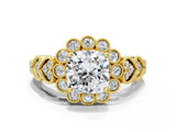 Yellow gold Cushion Cut Brilliant Milgrain Pave Heart Band Solitaire Ring_3
