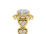 Yellow gold Cushion Cut Brilliant Milgrain Pave Heart Band Solitaire Ring_8