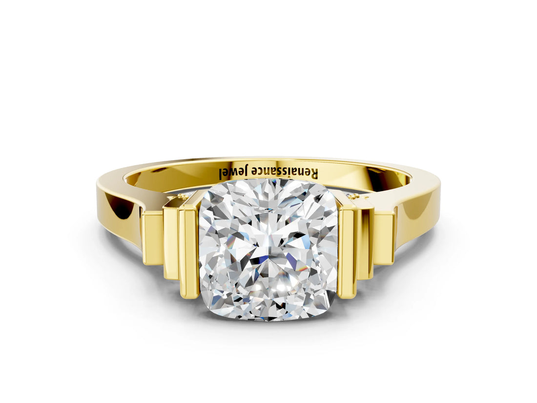 Yellow gold Cushion Cut Brilliant Solitaire Diamond Ring with Channel Set Band and Bar Prong Setting_12