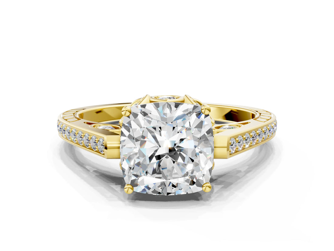 Yellow gold Cushion Cut Cathedral Pave Diamond Engagement Ring with Six-Prong Setting_31