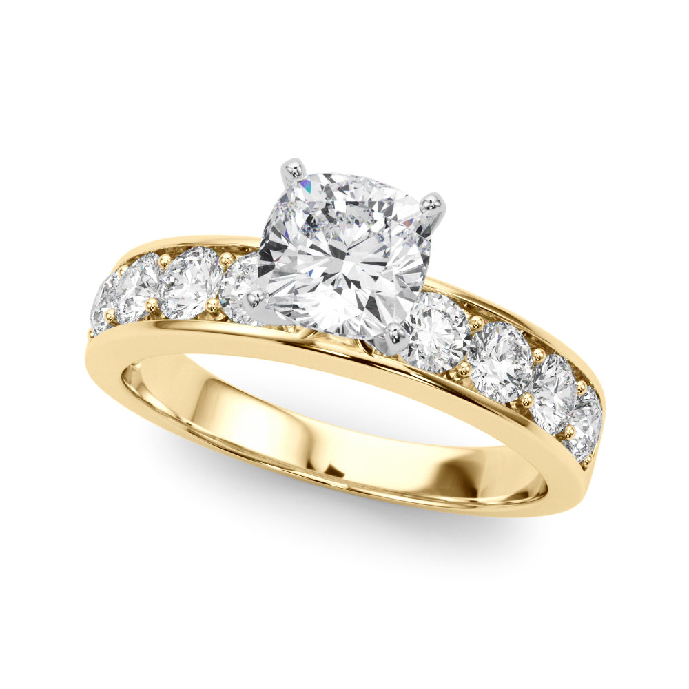 Yellow gold Cushion Cut Channel Set Diamond Engagement Ring with Four-Prong Setting