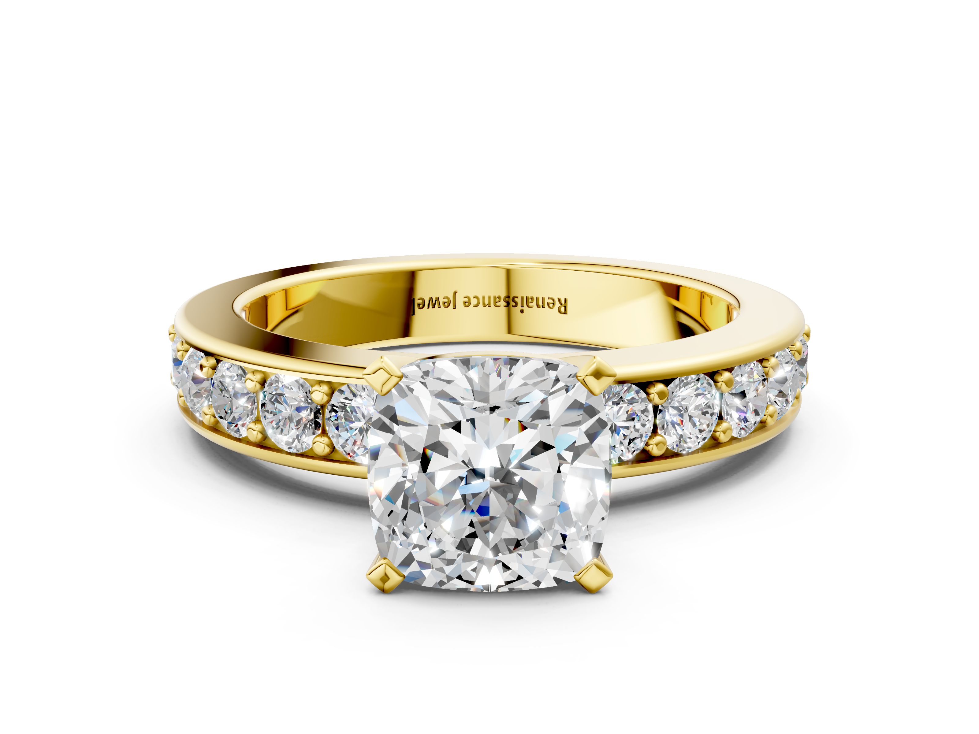 Yellow gold Cushion Cut Channel Set Diamond Engagement Ring with Four-Prong Setting_247