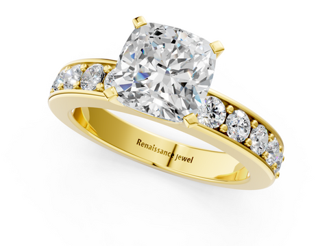Yellow gold Cushion Cut Channel Set Diamond Engagement Ring with Four-Prong Setting_248