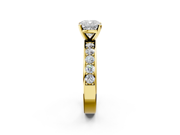 Yellow Gold Cushion Cut Side Stone Engagement Ring Setting with Wide Bead-Set Round Accent Band
