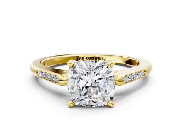 Yellow Gold Cushion Cut Solitaire Engagement Ring Setting with Tapered Channel Set Round Accents